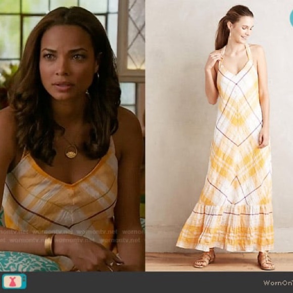 Anthro Holding Horses Cream & Mango Gold Plaid Maxi Dress - Picture 3 of 14